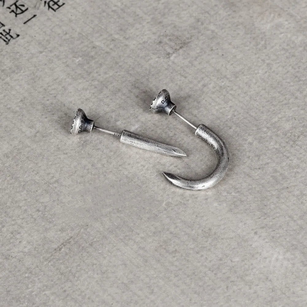 Single S925 sterling silver nail stud earring with ear hook in punk retro style.