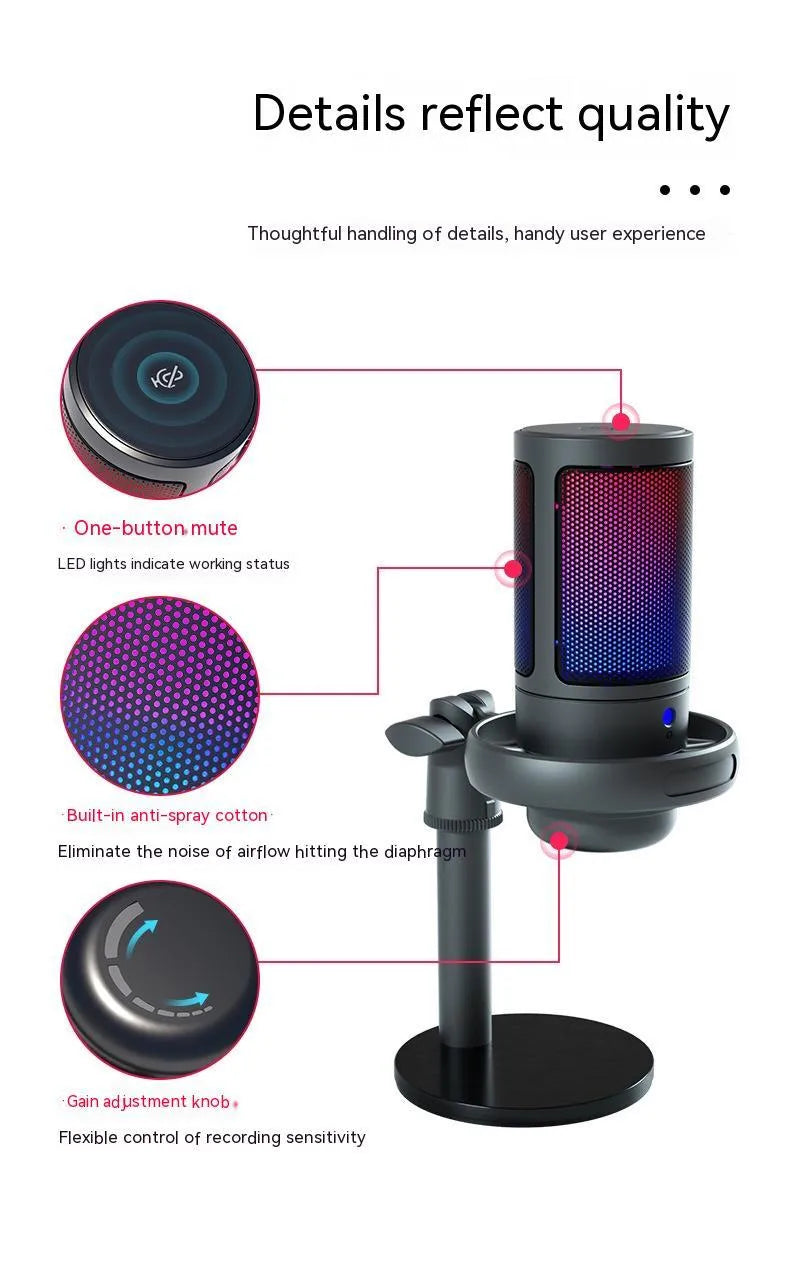 Condenser microphone with RGB lighting in black, white, or pink for live broadcast