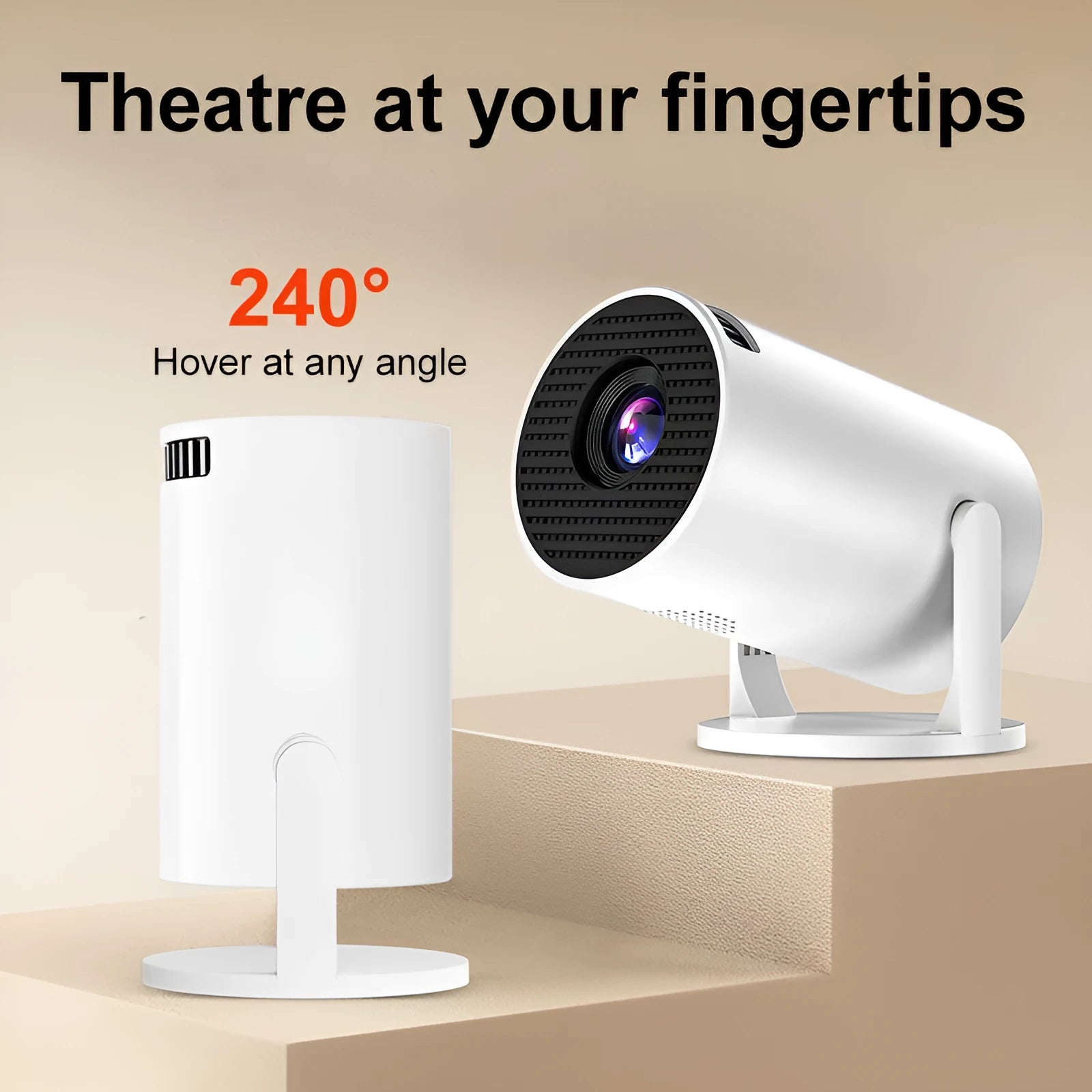 White MINI wireless HD portable projector showing wireless same-screen capability for home use
