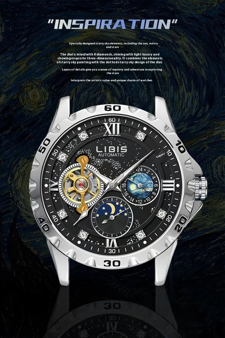 Men's silver automatic watch with black starry dial and leather strap showing luminous hands