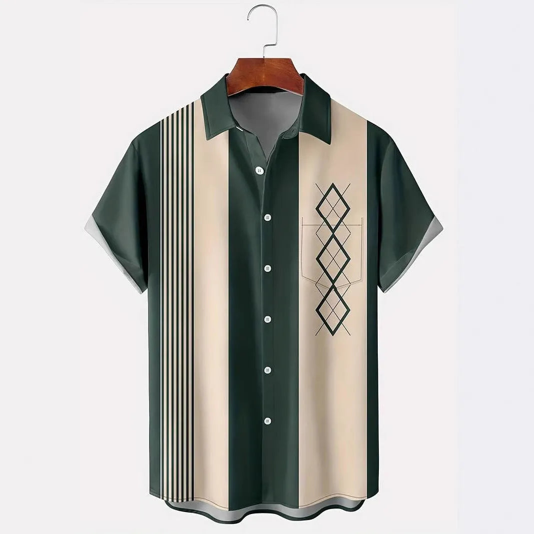 Men's loose plaid short-sleeve shirt with a contrast colour lapel collar, shown in a cardigan style.