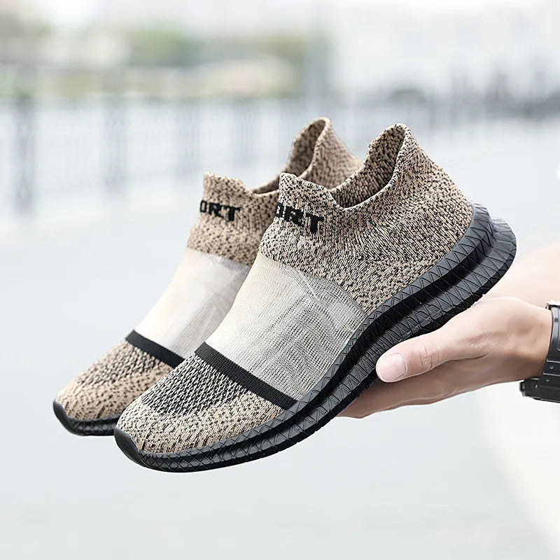 Breathable flyknit sports sock shoes in khaki colour with lace closure and MD sole