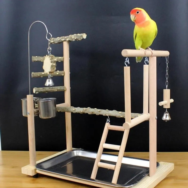 Pepper wood parrot stand with platform, pole, and attached patterned chew toys