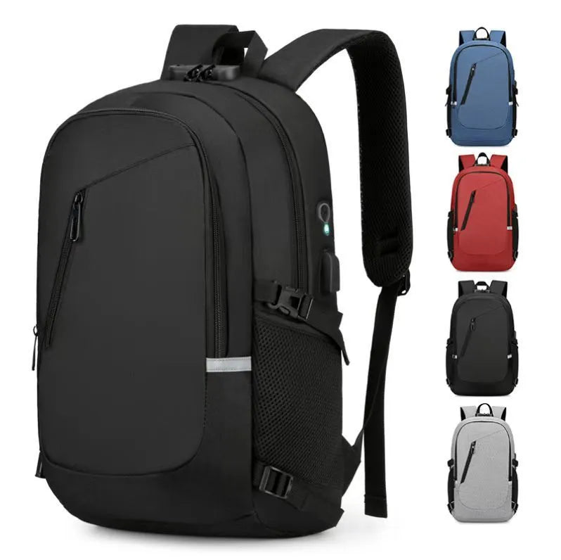 Grey Oxford cloth computer backpack showing front compartment and shoulder straps