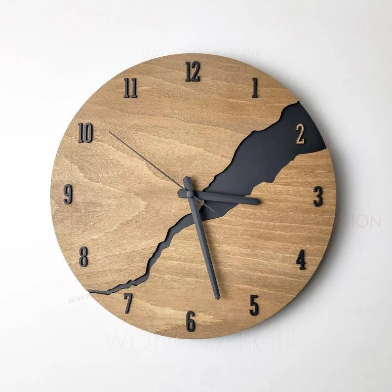 Modern wooden wall clock with crack pattern design in wooden shell with quartz movement