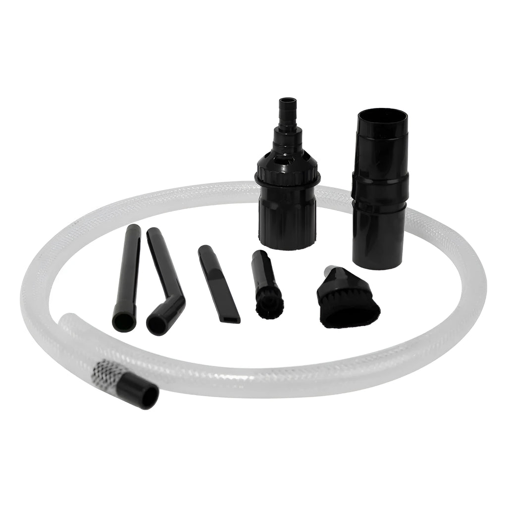 Eight-piece vacuum cleaner accessory set with multiple small suction heads for detailed cleaning