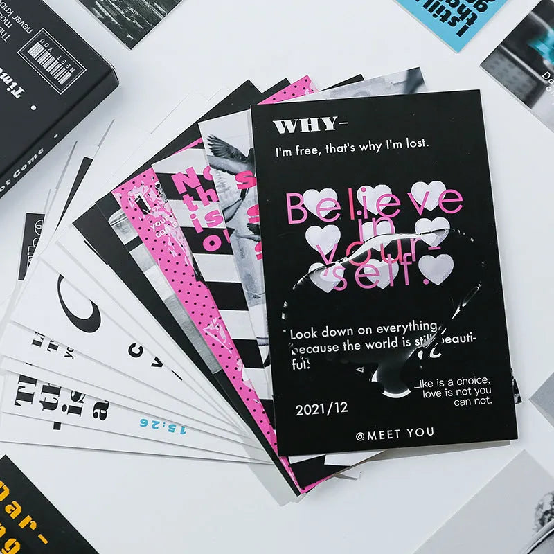 Creative postcard set showing two distinct artistic designs for gift messages and handwritten blessings