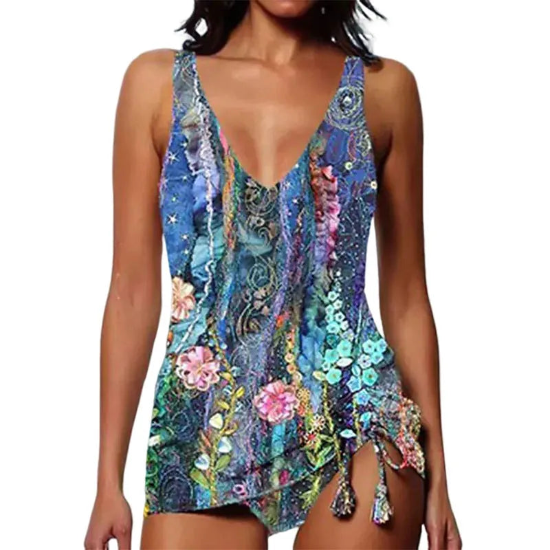 Colour 5 women's printed triangle bikini top and matching shorts swimsuit set