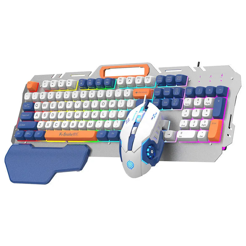 Blue wired gaming keyboard and mouse set with LED backlight on desk with 1.5 metre USB cable