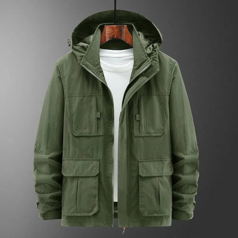 Men's casual outdoor shell jacket in solid colour, lightweight nylon, available in Army Green, Black, Khaki sizes M to 5XL