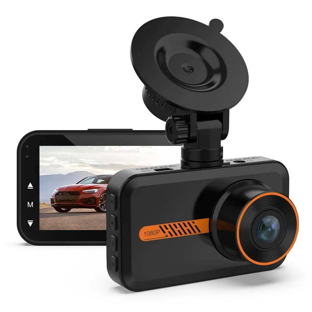 ThiEYE front and rear car dash camera with 3-inch screen, suction cup mount, and rear camera.