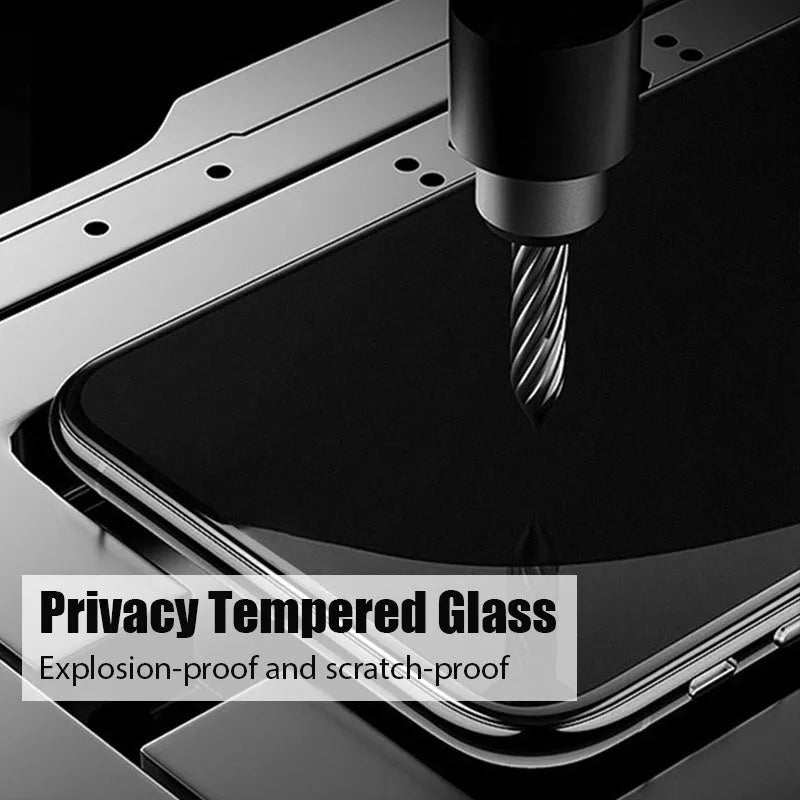 Anti-spy tempered glass screen protector for Poco and Redmi Note mobile phones on a table.