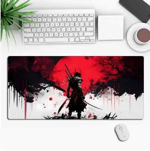 Gaming mouse pad with anime graphic design on a desk, showing non-slip rubber cloth base