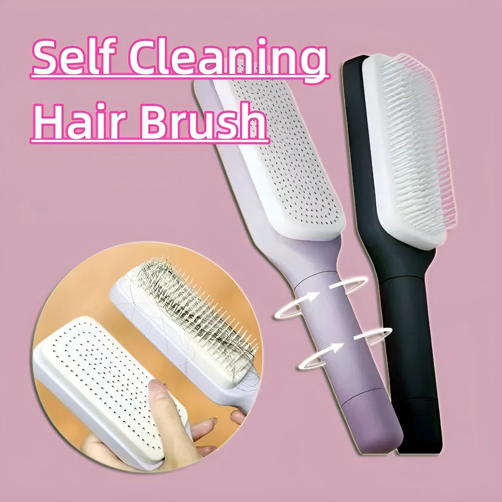 Roland purple self-cleaning hair brush with ergonomic handle showing rotating mechanism.
