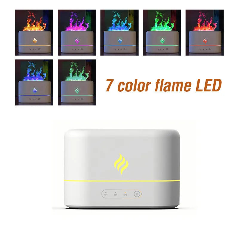 Black USB-powered humidifier diffuser with seven-colour flame effect lighting and mist outlet