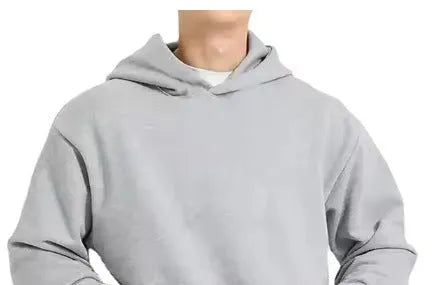 Men's grey fleece-lined cotton hoodie pullover with threaded long sleeves.