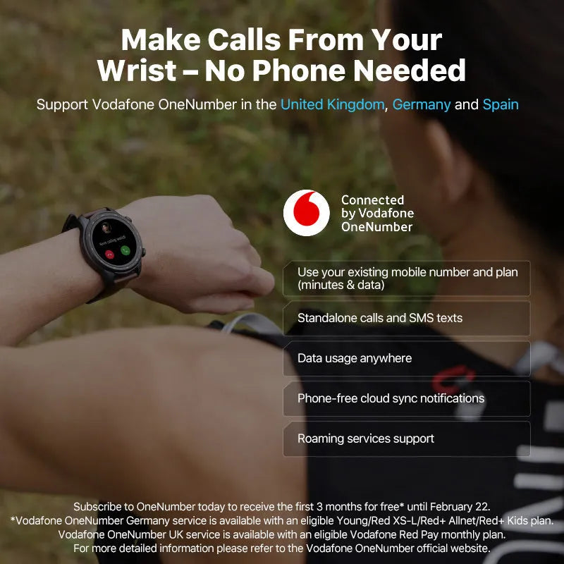 Ticwatch Pro X black smart watch with 47mm case showing 4G LTE calling and heart rate display on screen