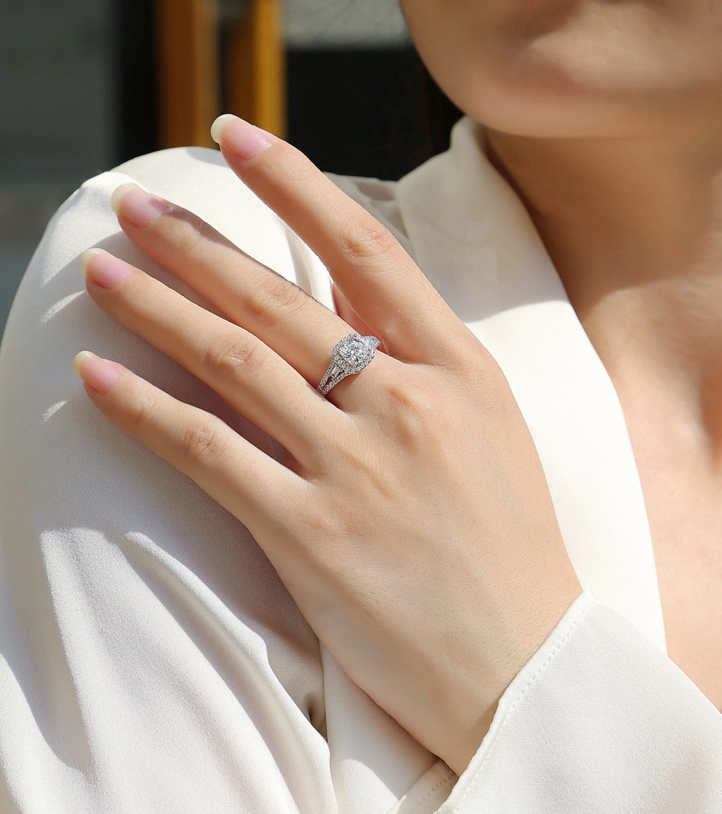 Day By Day moissanite wedding ring set with square 6x6mm stone, S925 silver band, platinum-plated, sizes 5-9, gift box
