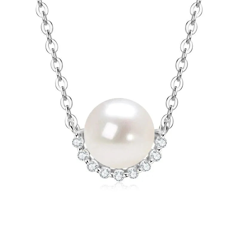 Women's 925 silver pendant necklace with pearl inlay and rhinestone accents in gold finish