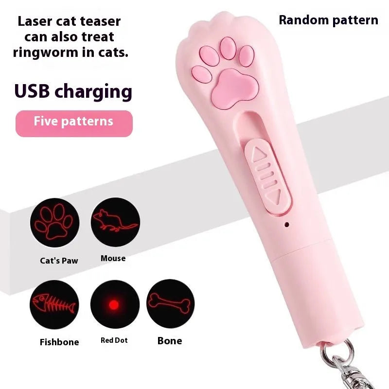 Colourful plastic cat teaser wand with feathers and an LED light for interactive pet play.