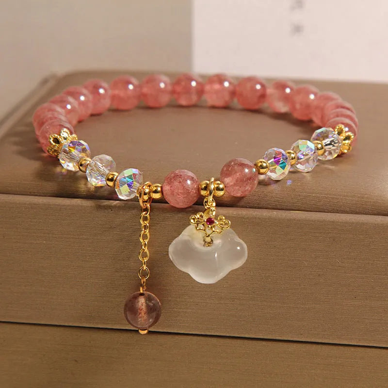 Women's strawberry quartz and white agate crystal bracelet with auspicious cloud charms