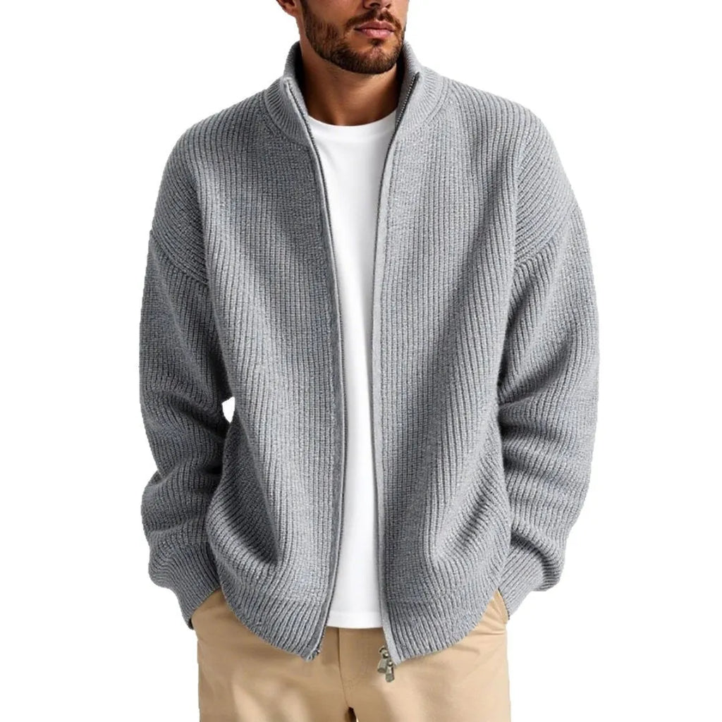 Men's loose fit cardigan sweater coat in acrylic blend fabric, shown in grey colour