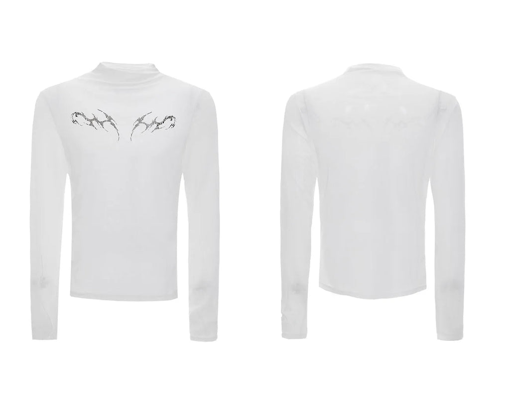 Black niche mesh slim-fit long sleeve bottoming shirt laid flat, showing trendy style and texture.