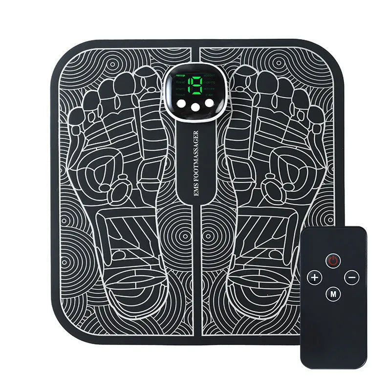 USB rechargeable reflexology foot massager mat with remote control and orange foot pad.