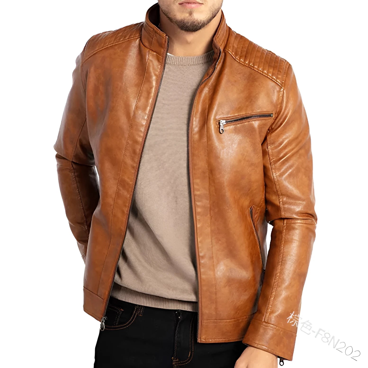 Men's brown artificial leather punk motorcycle jacket with a stand collar on a hanger.
