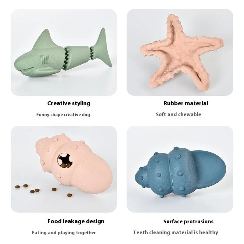 Blue and green rubber dog toys shaped like conch shells and starfish with shark texturing
