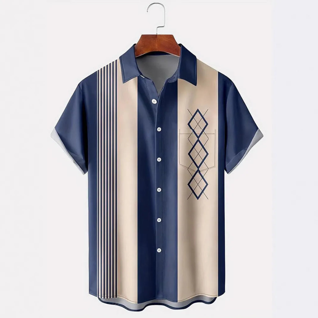 Men's loose plaid short-sleeve shirt with a contrast colour lapel collar, shown in a cardigan style.