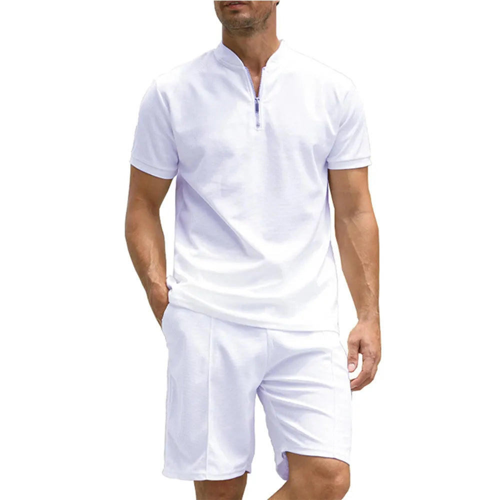Men's solid colour polo shirt and trousers two-piece set in polyester beaded bird's eye fabric