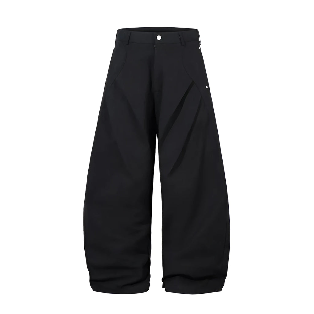 Black men's wide-leg casual trousers with front pleated machete detailing on a mid waist.
