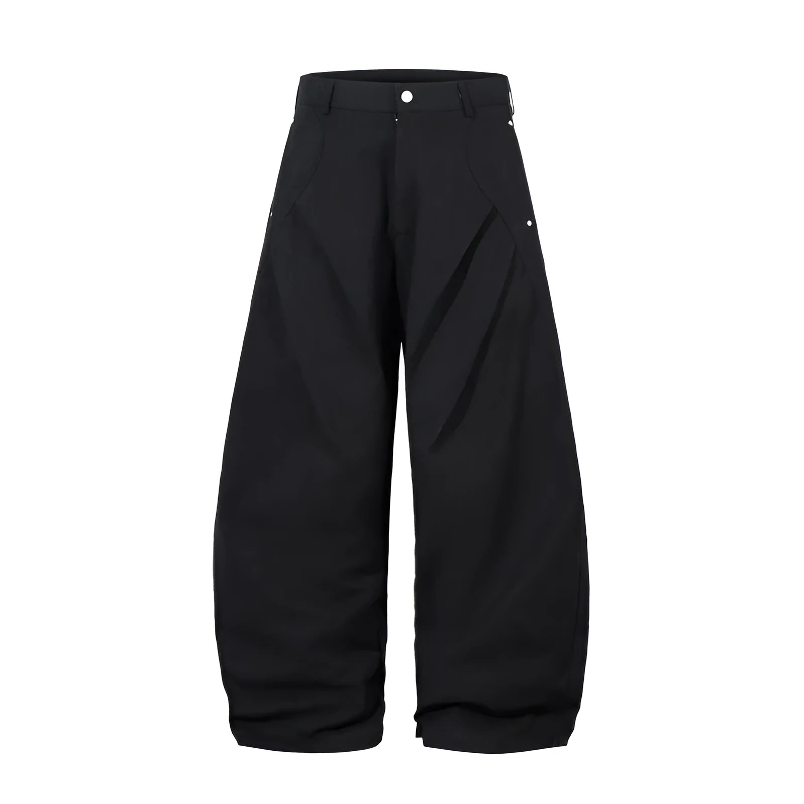 Black men's wide-leg casual trousers with front pleated machete detailing on a mid waist.
