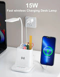 Wireless charging desk lamp with pen holder and storage compartment in modern design