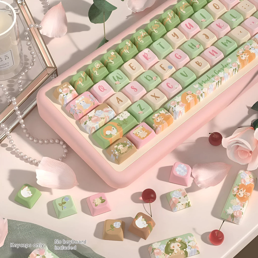 Mu Xia Garden original mechanical keyboard keycap set showing Summer Garden colour theme with sublimated graphics on five sides.