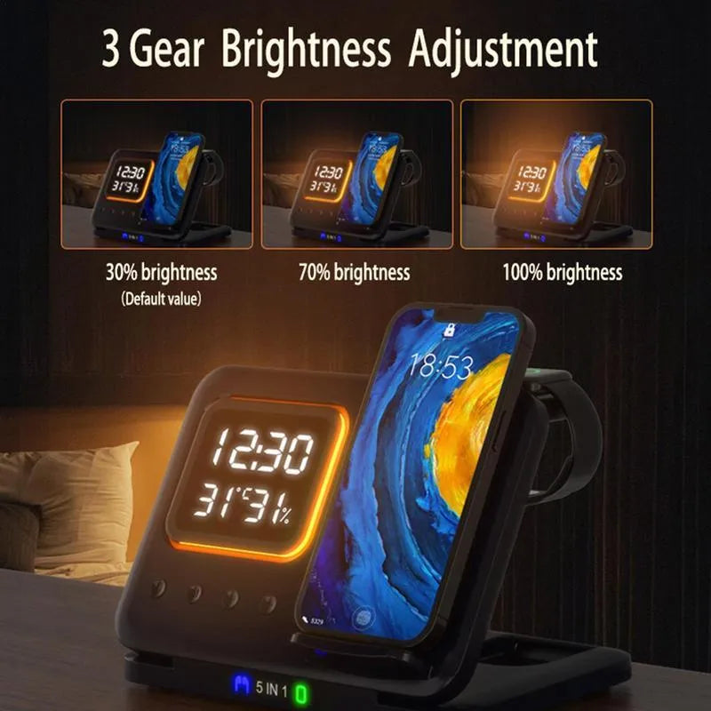 Black 5-in-1 wireless charging station showing phone charging alongside digital clock with temperature display