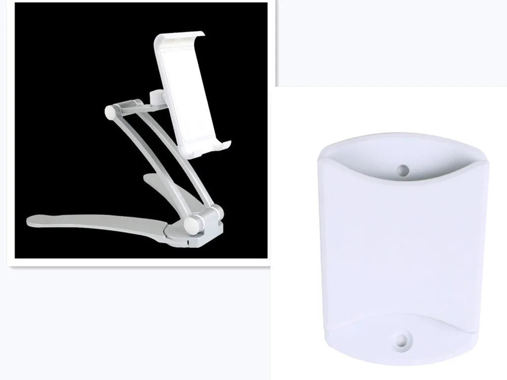 Silver aluminium alloy desktop tablet stand with adjustable white mount holding a tablet