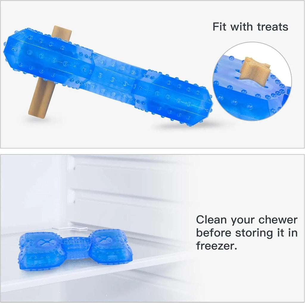 Freezable blue dog chew toy with textured surface for cooling and dental care.