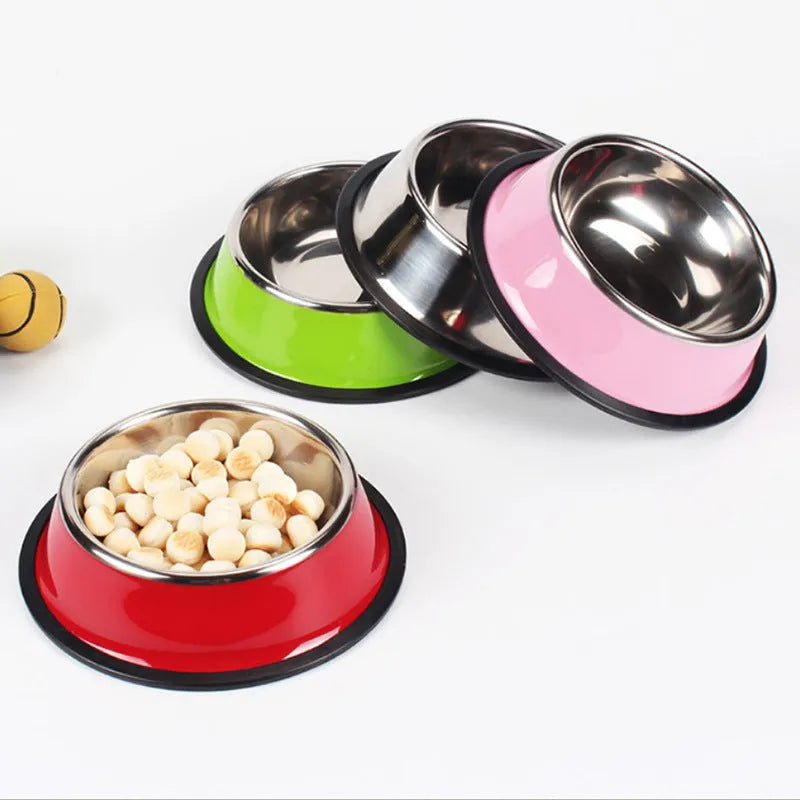 Stainless steel pet bowl with colourful melamine exterior showing dual compartment design