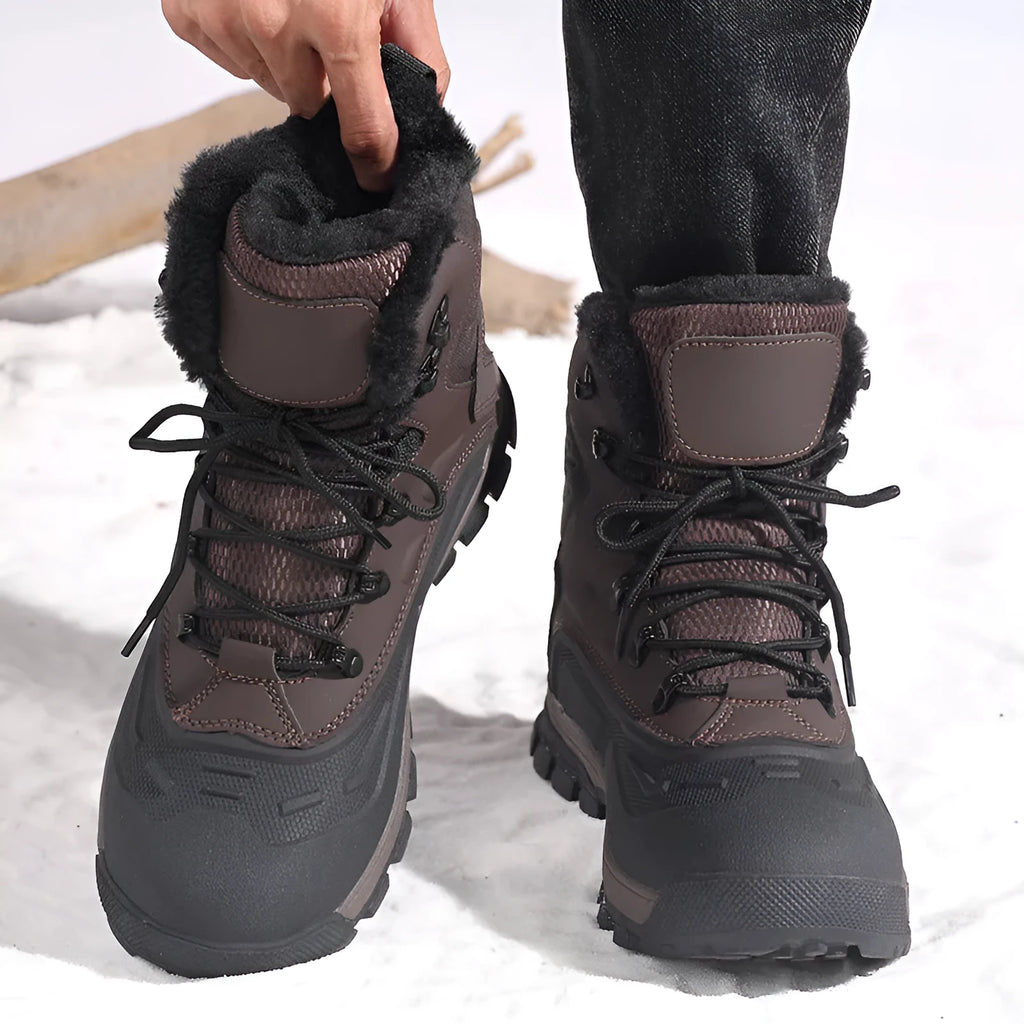 Men's black fleece-lined high-top boots with lace-up front and ribbed TPR sole