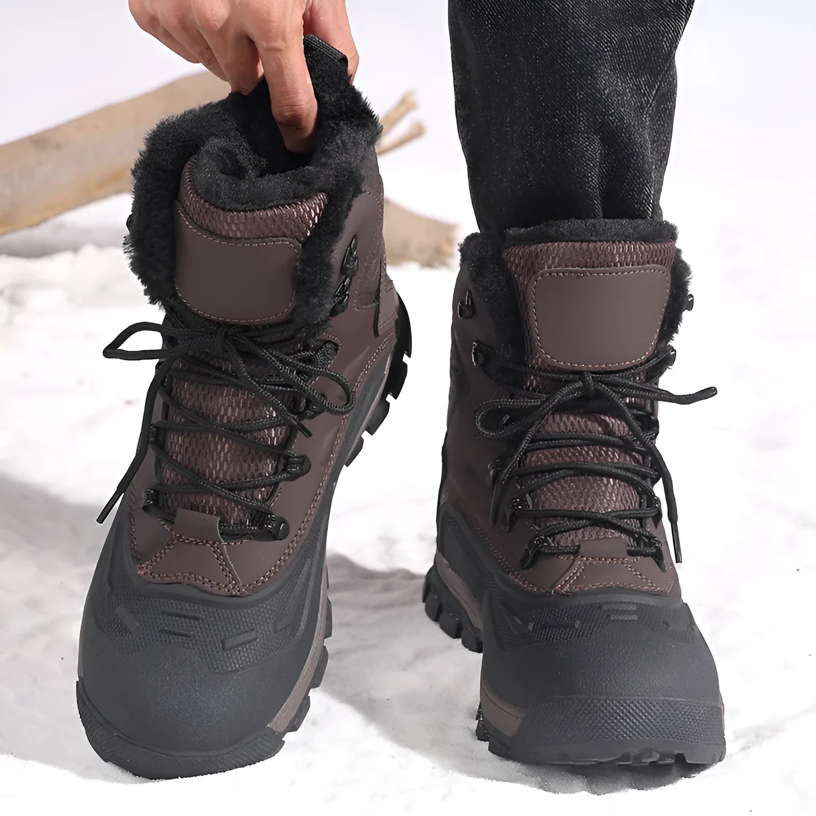 Men's black fleece-lined high-top boots with lace-up front and ribbed TPR sole