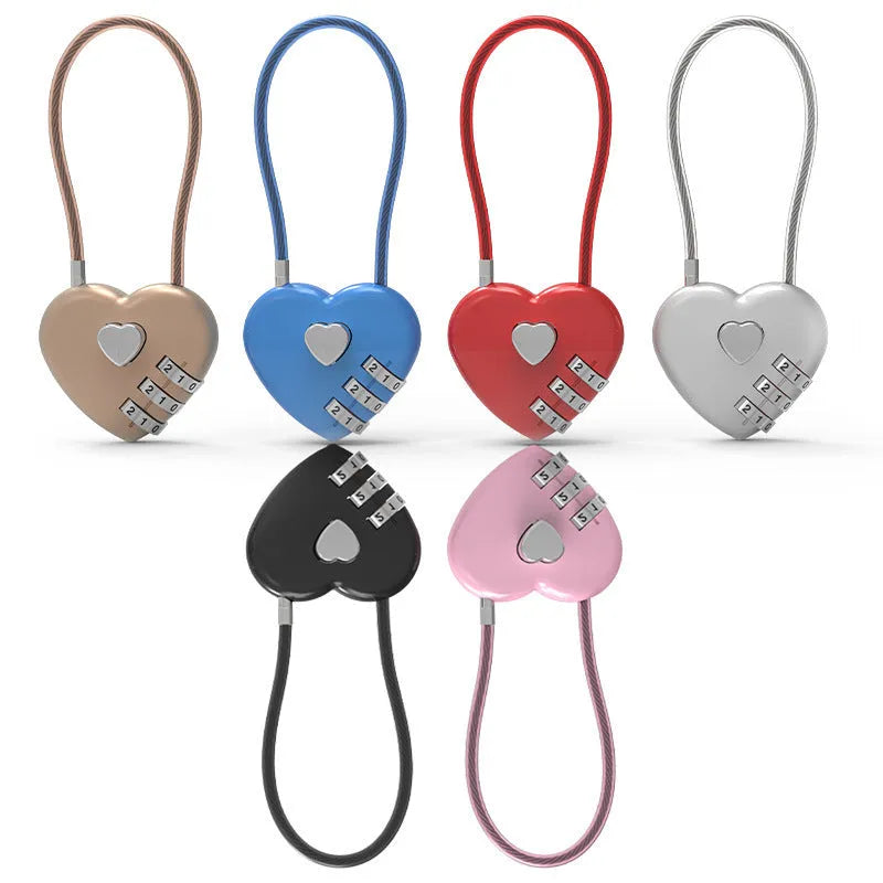 Peach heart-shaped ABS plastic padlock with a steel cable, shown in multiple colour options.
