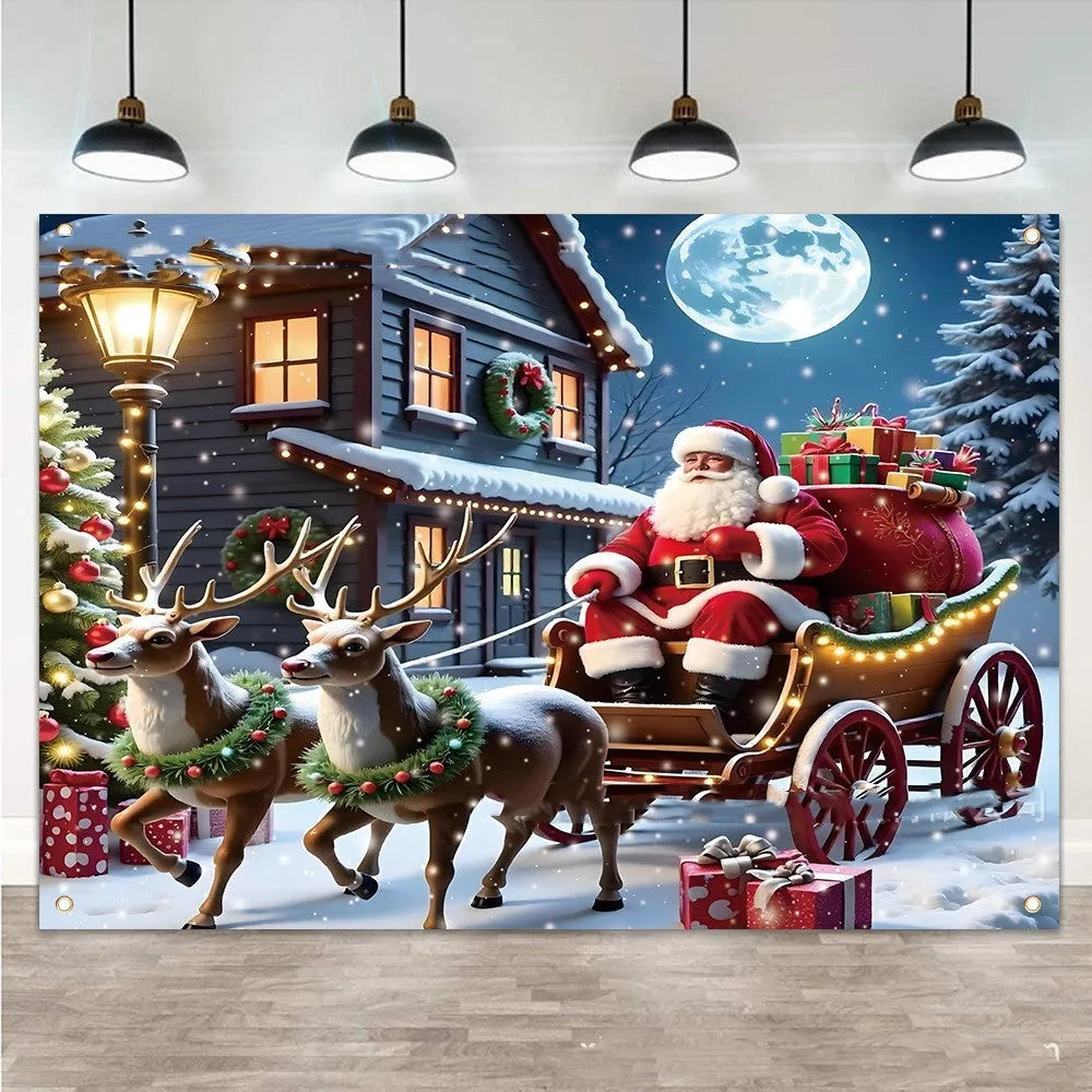 Large rectangular Santa Claus Christmas banner with night scene and gifts on red polyester fabric.
