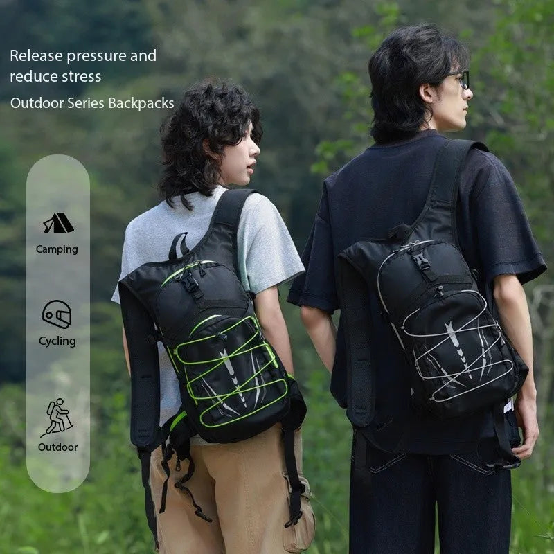 Lightweight hydration backpack with breathable mesh and reflective details for outdoor sports