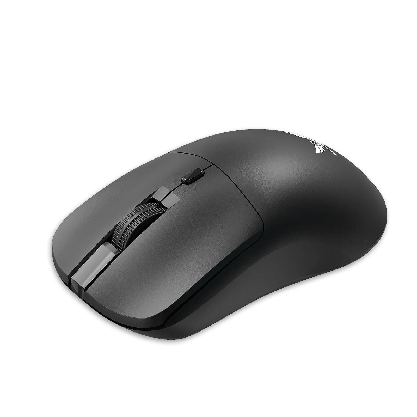 Black wireless mouse with three-gear audio buttons on a laptop desk setup