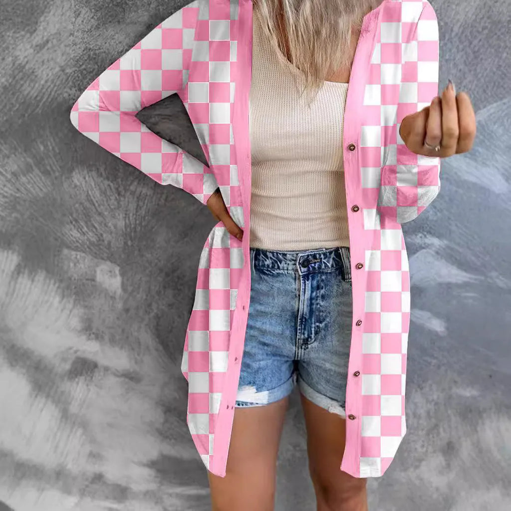 Women's loose knitted plaid cardigan coat in street fashion style with regular sleeves