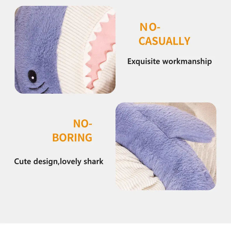 Blue shark pattern velvet pet bed cushion for dogs and cats on a wooden floor.