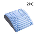 Blue EVA foam back stretcher pillow for neck and lumbar pain relief, 33cm long on a chair