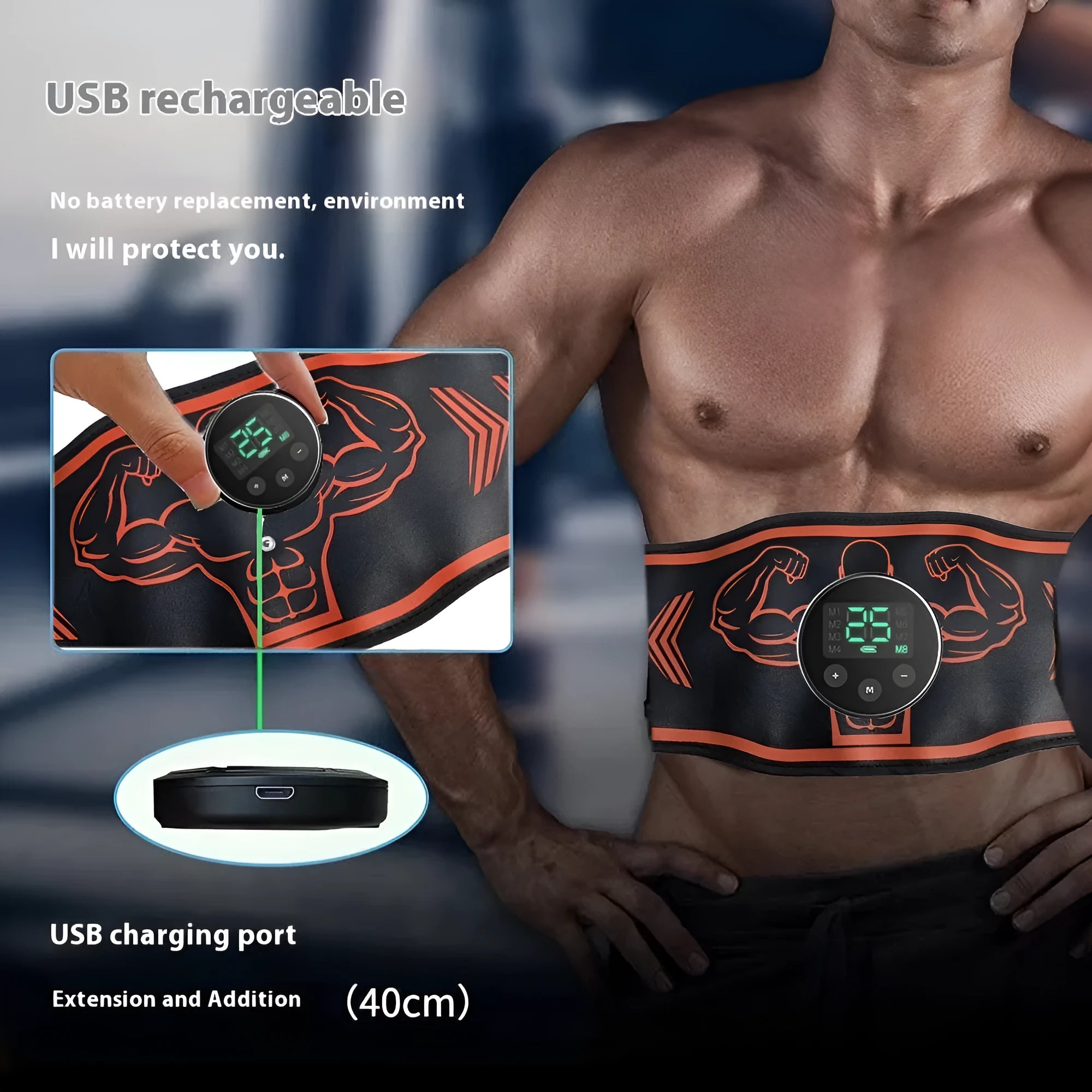 EMS smart massage fitness belt with rechargeable host unit and arm electrodes in blue colour